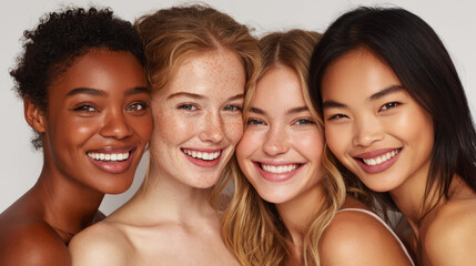 Fototapeta premium Four women with different hair colors and skin tones standing close together, showcasing diversity and natural beauty in studio. Women's day and skincare concept. Generative AI