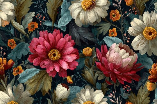 Elegant, chic, vintage seamless repeatable pattern featuring blooming floral in fall colors