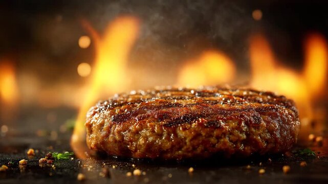 A juicy beef burger patty sizzling on a grill with flames in the background