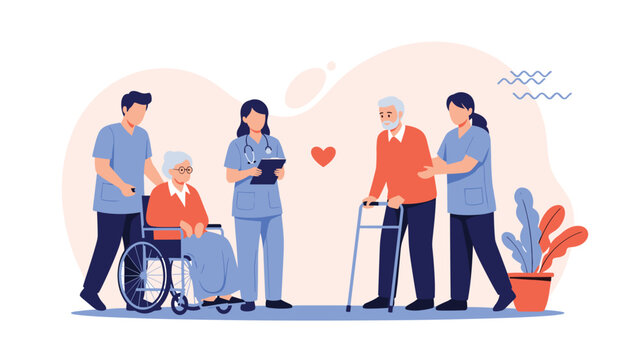Caring medical staff assisting elderly patients by pushing a wheelchair and helping an old man walk with a metal walker.