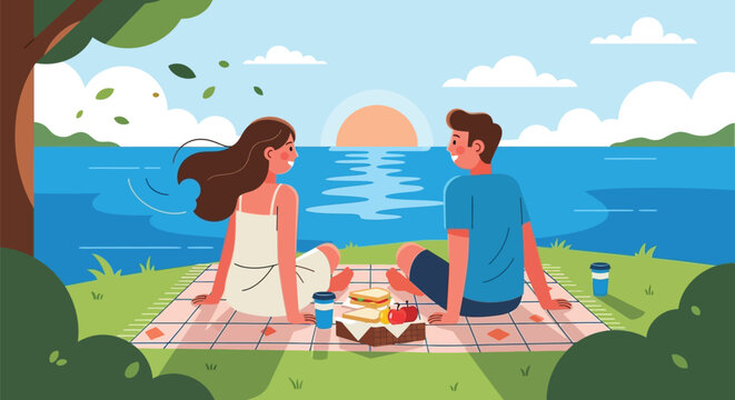 Young couple having picnic by the lake at sunset illustration