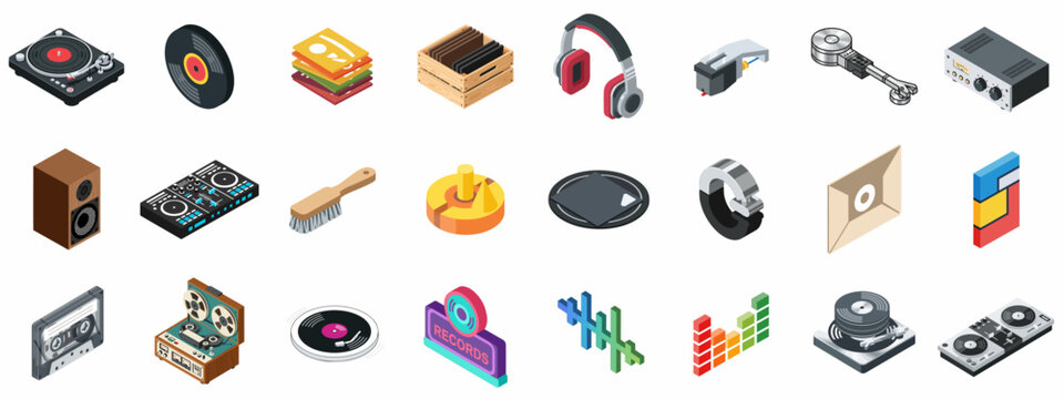 Isometric Vinyl Records and DJ Equipment Icon Set: Turntables, Headphones, Mixers, and Vintage Audio Gear Collection for Music Production and Retro Sound.