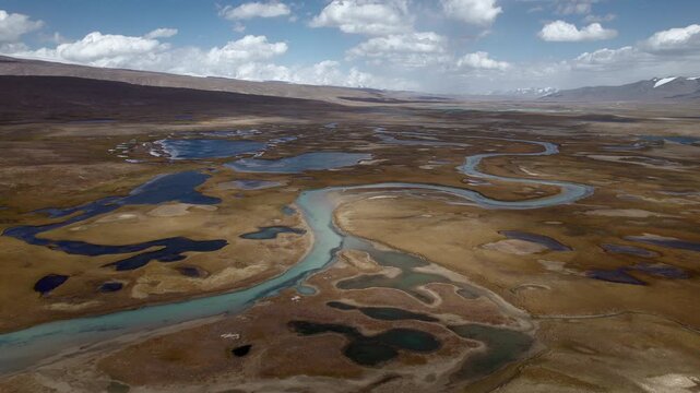 Aerial view of a vast high-altitude plateau with winding braided rivers and shallow lakes, creating abstract natural patterns. Ideal for nature, environment, documentary, or cinematic background use.