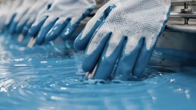 Closeup of assembly line dipping fabric glove shells into blue nitrile rubber showcasing precise industrial coating process for durable chemicalresistant safety gear.