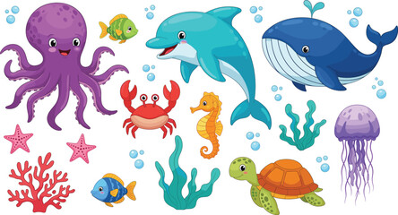 Cute sea animals set with octopus dolphin whale turtle fish and jellyfish cartoon underwater vector illustration © Kharshad Creative