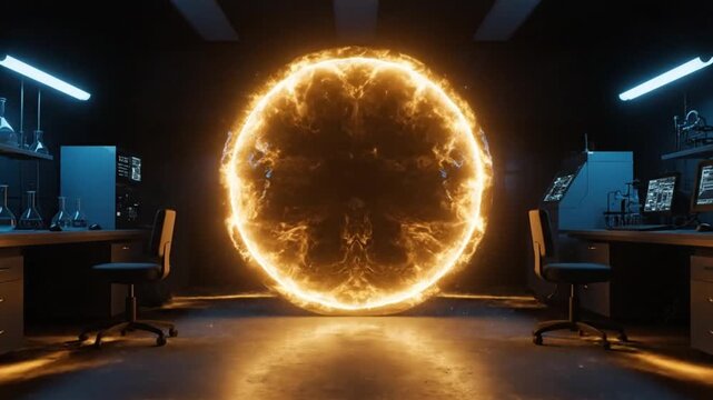 Mysterious Energy Portal in a Dark Laboratory with Glowing Orange Light and Sci-Fi Elements.