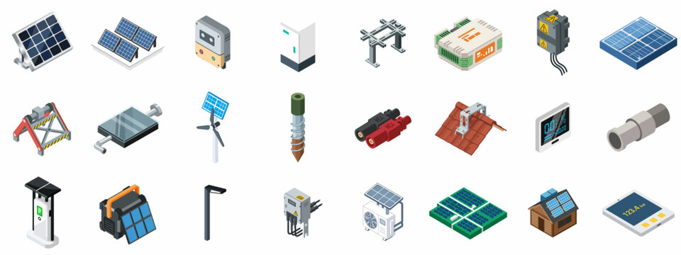 Isometric Solar Energy Components and Photovoltaic Equipment Icons Set: Panels, Inverters, Mounting Systems, and Sustainable Technology Illustrations.