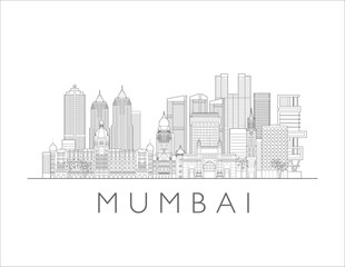 Fototapeta premium Mumbai skyline, India. Urban cityscape with landmarks and monuments. Hand drawn line art digital skyline illustration.