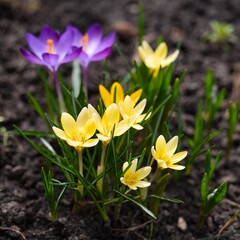 Close-up of blooming purple and yellow crocuses in the garden