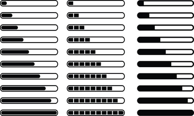 Modern progress bar and loading indicator icon set with multiple percentage levels. Perfect for UI/UX design, dashboards, apps, and web interfaces.