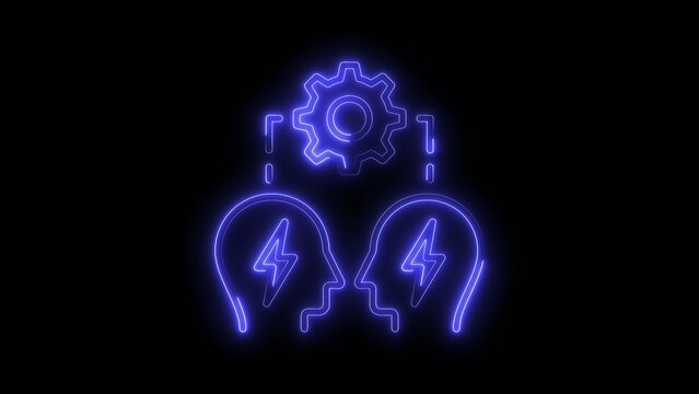 Blue Neon Two Heads With Gear And Lightning Bolts On icon Black silhouette human