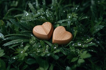 Naklejka premium Wooden Hearts in Greenery: Two wooden hearts, nestled amidst lush, dewy green foliage, whisper tales of love, nature, and the gentle touch of life.