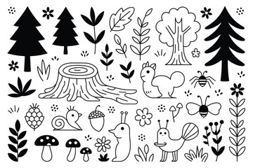 Tree silhouette illustration with forest animals and plants