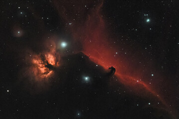 Flame and Horse's Head Nebulae close-up astrophoto in the constellation Orion © savva_25