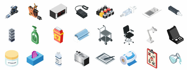 Isometric Tattoo Studio Equipment Set including machines, ink bottles, power supply, needles, aftercare cream, and sterilization tools for professional body art on white.