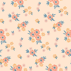 Seamless floral pattern, liberty ditsy print in delicate pastel colors. Cute botanical textile folk motif design of small hand drawn flowers, mini leaves, simple tiny bouquets. Vector illustration.