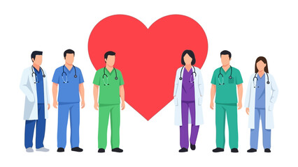 Healthcare Heroes: A group of dedicated medical professionals, united by a shared purpose, stands together against a heart, embodying compassion and care. © Karima