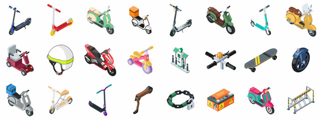 Isometric icon set of electric scooters, classic mopeds, motorcycles, delivery transport, parts, and accessories for personal urban mobility. © Asep