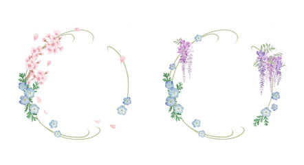 Watercolor spring to early summer flower wreath frame set with cherry blossom, nemophila, and wisteria for elegant design.-300dpi-