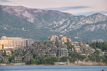 Evening seascape. A resort town on the Adriatic Sea coast
