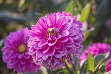 Pink dahlias in a flowerbed close-up. Bee on a dahlia flower