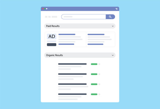 Search Engine Results Page Vector Illustration, SEO and PPC Advertising Interface with Paid and Organic Results