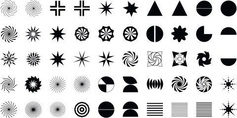 Comprehensive minimal geometric shape and starburst icon set featuring spirals radiating stars circles halves waves and abstract symbols © REYAD