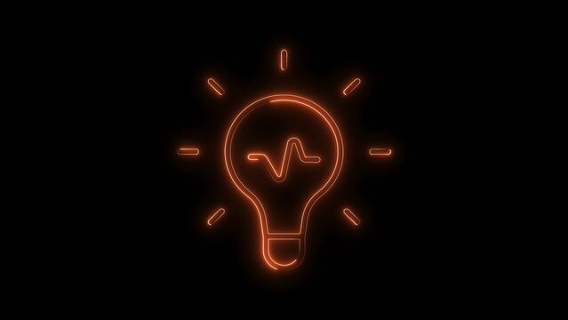 Orange neon light bulb with heartbeat line on icon black background idea innovation