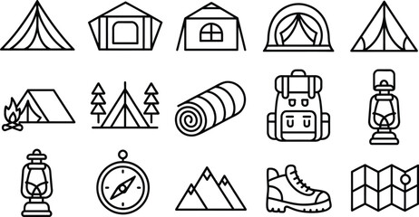 Fototapeta premium Vector camping and hiking line icons set, outdoor travel essentials including tent designs, backpack, lantern, compass, boots and map illustration.