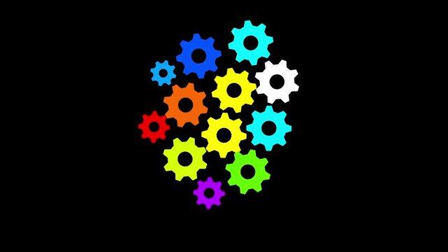 Colorful Gears in a Cluster on Black Background cogs technology icon animation video. 