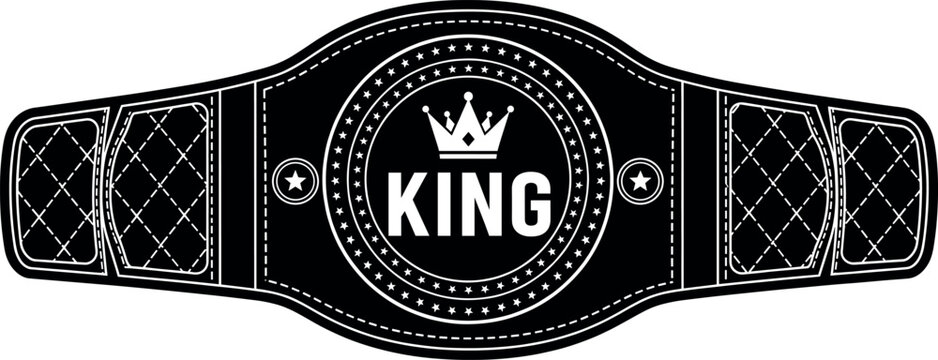 Detailed black champion belt emblem with central crown and &ldquo;KING&rdquo; lettering inspired by wrestling and boxing titles