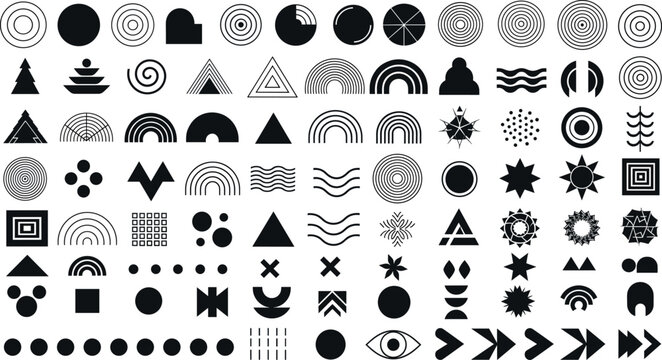 Comprehensive minimal geometric shape and symbol icon set featuring circles triangles stars waves arrows spirals and abstract patterns
