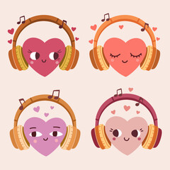 Heart characters listening to music in headphones