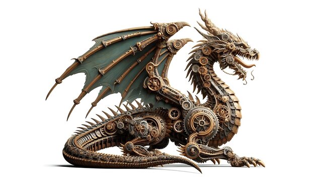 Steampunk mechanical dragon concept art designed for games, films, and creative development. Detailed fantasy character built from metal and machinery, isolated on white background