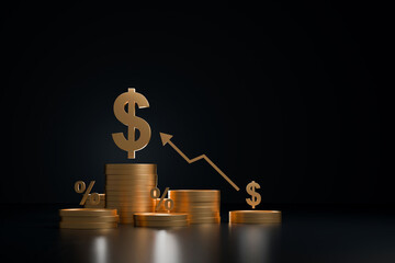 Investment Growth Concept with Dollar Symbol, Gold Coins, Interest Rate Icons and Rising Arrow