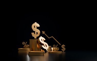 Investment Growth Concept with Dollar Symbol, Gold Coins, Interest Rate Icons and Rising Arrow