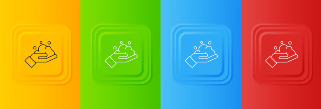 White Washing hands with soap icon isolated on colorful background. Washing hands with soap to prevent virus and bacteria. Set icons in square buttons. Vector