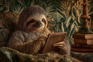 Naklejka premium Funny sloth using digital tablet computer in cozy armchair. Slow internet connection and lazy browsing concept. Cute furry animal reading news online with serious face