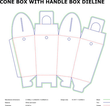 A technical drawing of a cone box with handle box die line on a white background