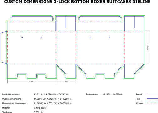 A technical diagram of custom suitcase dimensions with detailed measurements and specifications.
