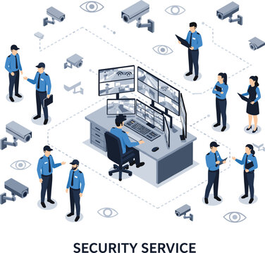 Security service isometric concept with CCTV cameras monitoring team and control room