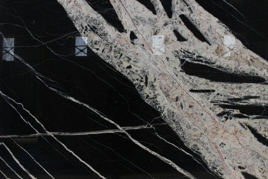 Black Horse or Copacabana marble with dramatic wide white vein patterns and coarse crystal texture.