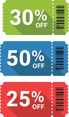 Colorful Discount Coupons with Percentages for Sale Promotions and Marketing