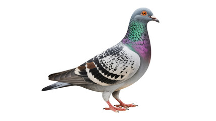 A vibrant pigeon with a colorful head and neck standing on a white background