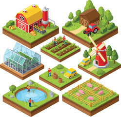 Isometric farm scenes set with barn greenhouse tractor windmill pond and animal pen vector © EdGe Creative