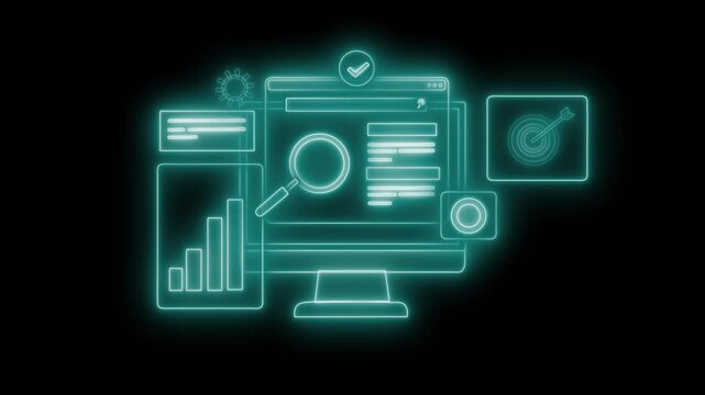 Glowing computer screen with data analysis and search features animation