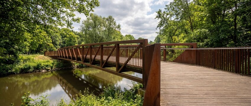 A tranquil wooden footbridge stretches gracefully over a calm forest river, embraced by lush green foliage, creating a serene and picturesque natural pathway