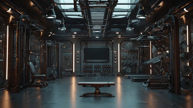 Interior view of dark futuristic gym with metallic weight equipment