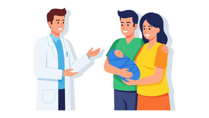 Fototapeta premium A doctor presents a new family with their newborn child: A compassionate doctor, smiles warmly, presents a newborn infant to happy parents, symbolizing new beginnings, health and family joy.