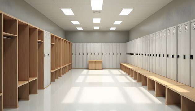 Modern empty gym locker room with wooden benches and gray lockers bright lighting
